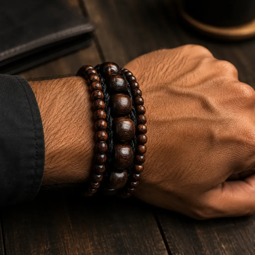Men's Leather Wrap Bracelet with Wooden Beads