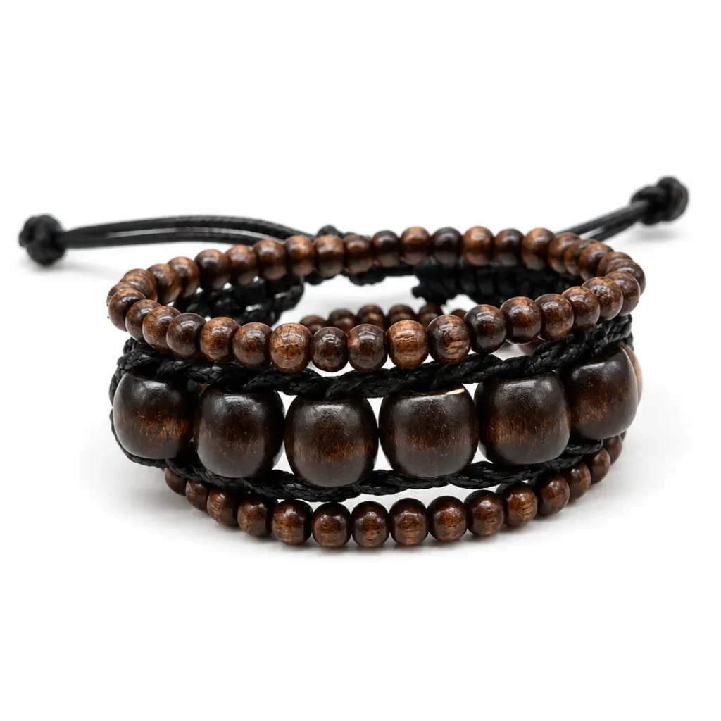 Men's Leather Wrap Bracelet with Wooden Beads