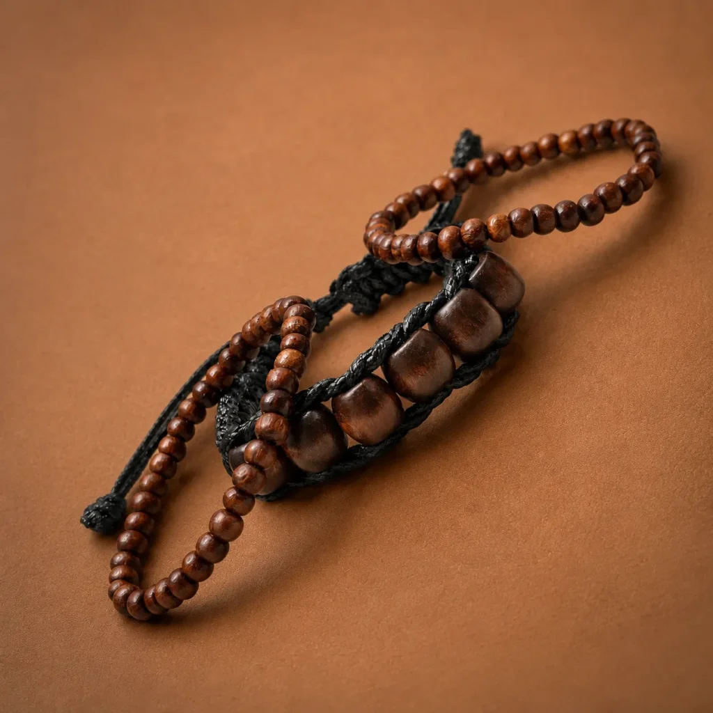Men's Leather Wrap Bracelet with Wooden Beads