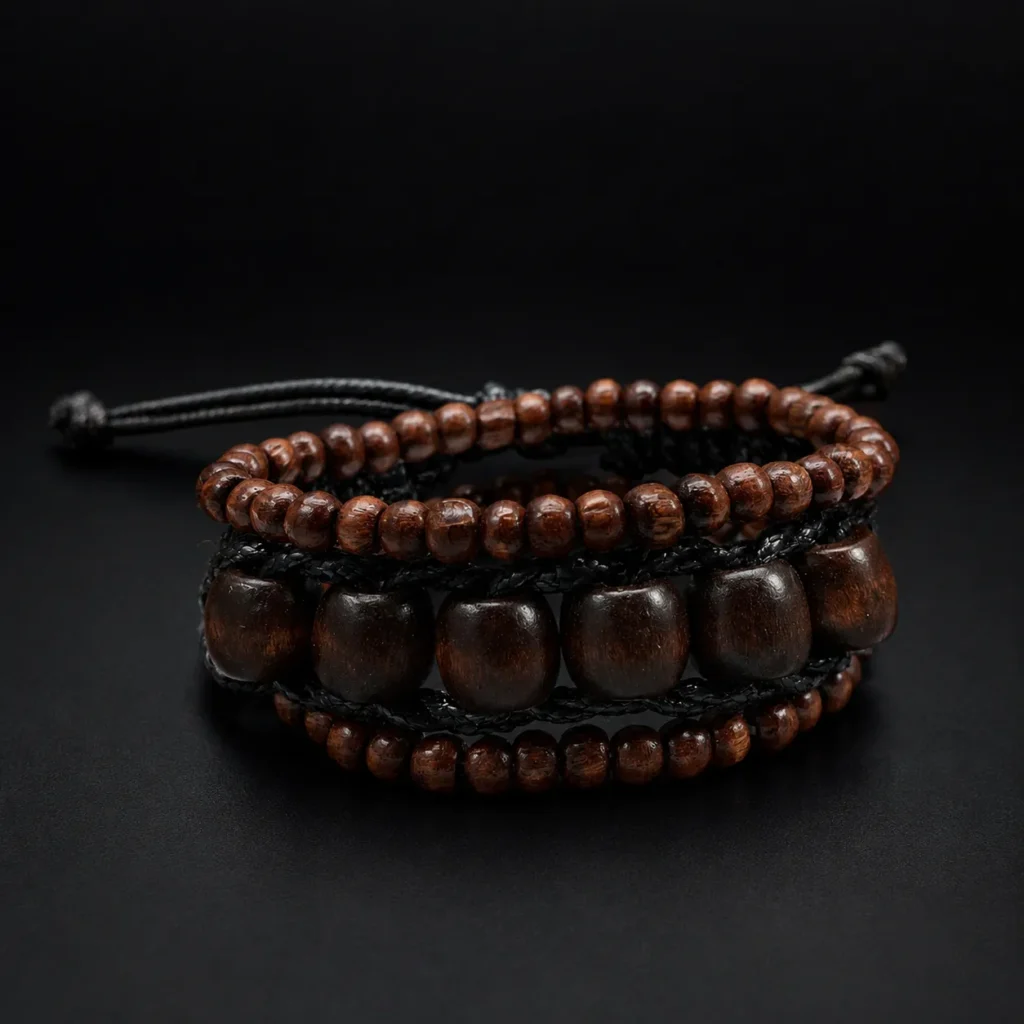 Men's Leather Wrap Bracelet with Wooden Beads