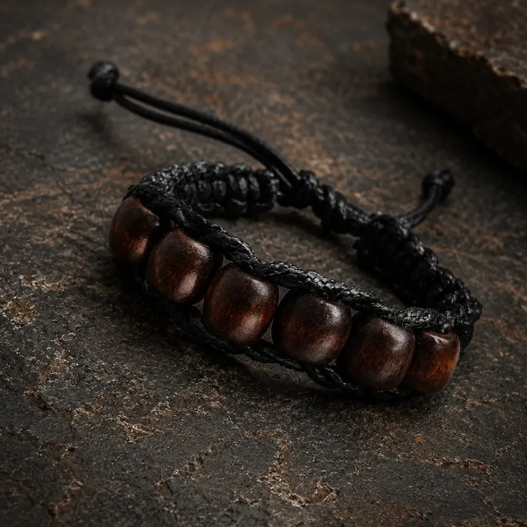 Men's Leather Wrap Bracelet with Wooden Beads