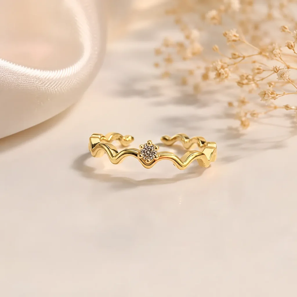 Stylish Gold-Tone Wavy CZ Ring for Women