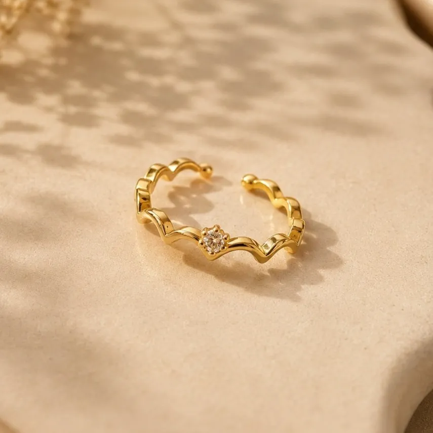 Stylish Gold-Tone Wavy CZ Ring for Women