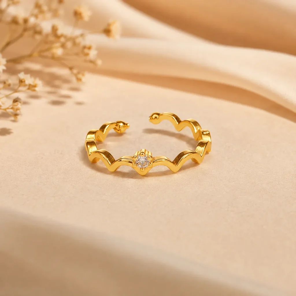 Stylish Gold-Tone Wavy CZ Ring for Women