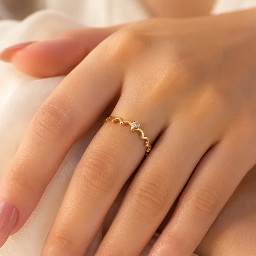 Stylish Gold-Tone Wavy CZ Ring for Women