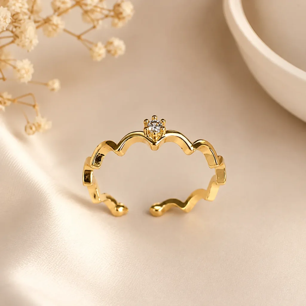 Stylish Gold-Tone Wavy CZ Ring for Women