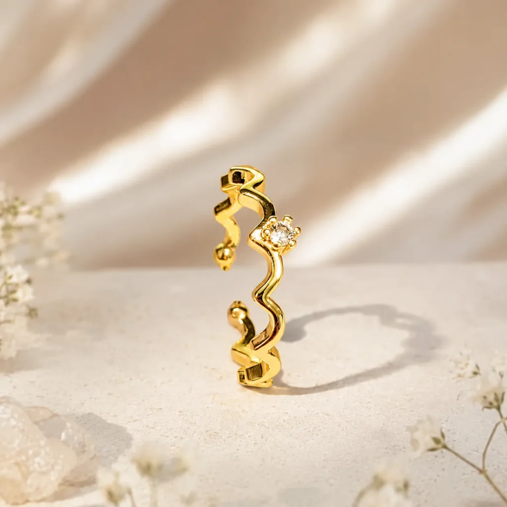 Stylish Gold-Tone Wavy CZ Ring for Women