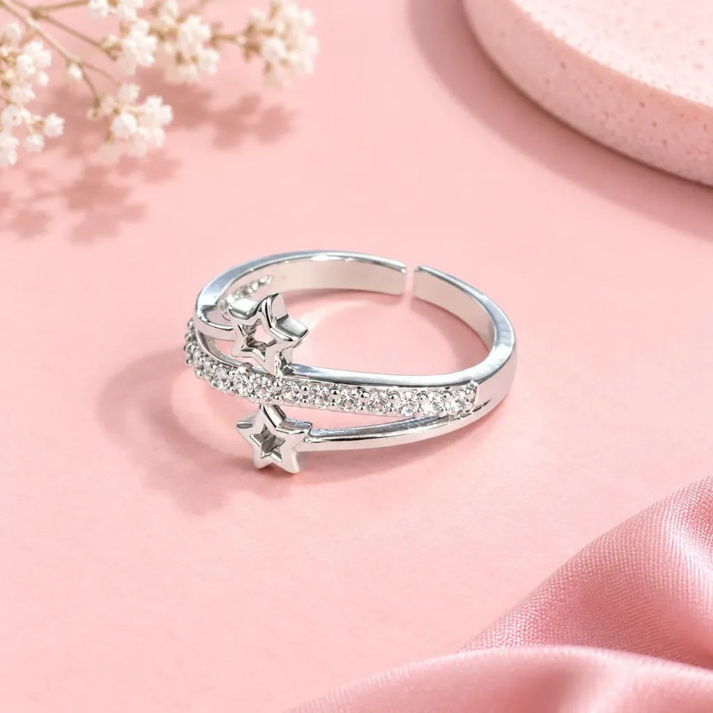 Silver Double Star Adjustable Ring for Women