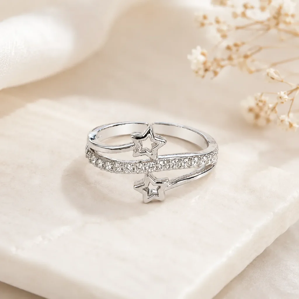 Silver Double Star Adjustable Ring for Women