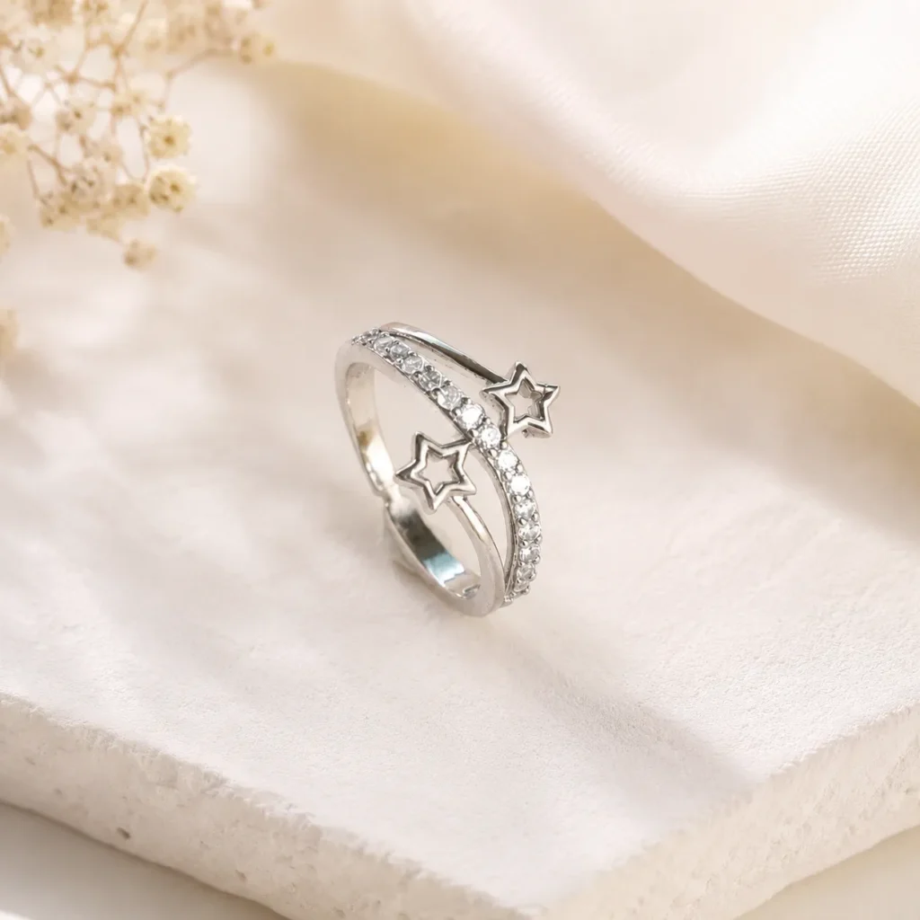 Silver Double Star Adjustable Ring for Women