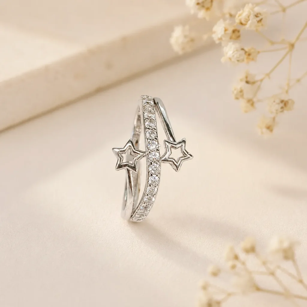 Silver Double Star Adjustable Ring for Women