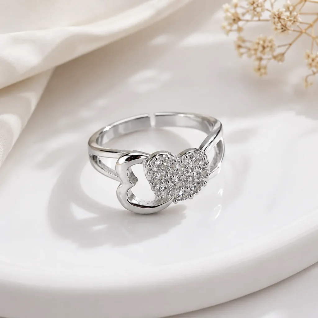 Silver-Tone Double Heart Cubic Zirconia Ring