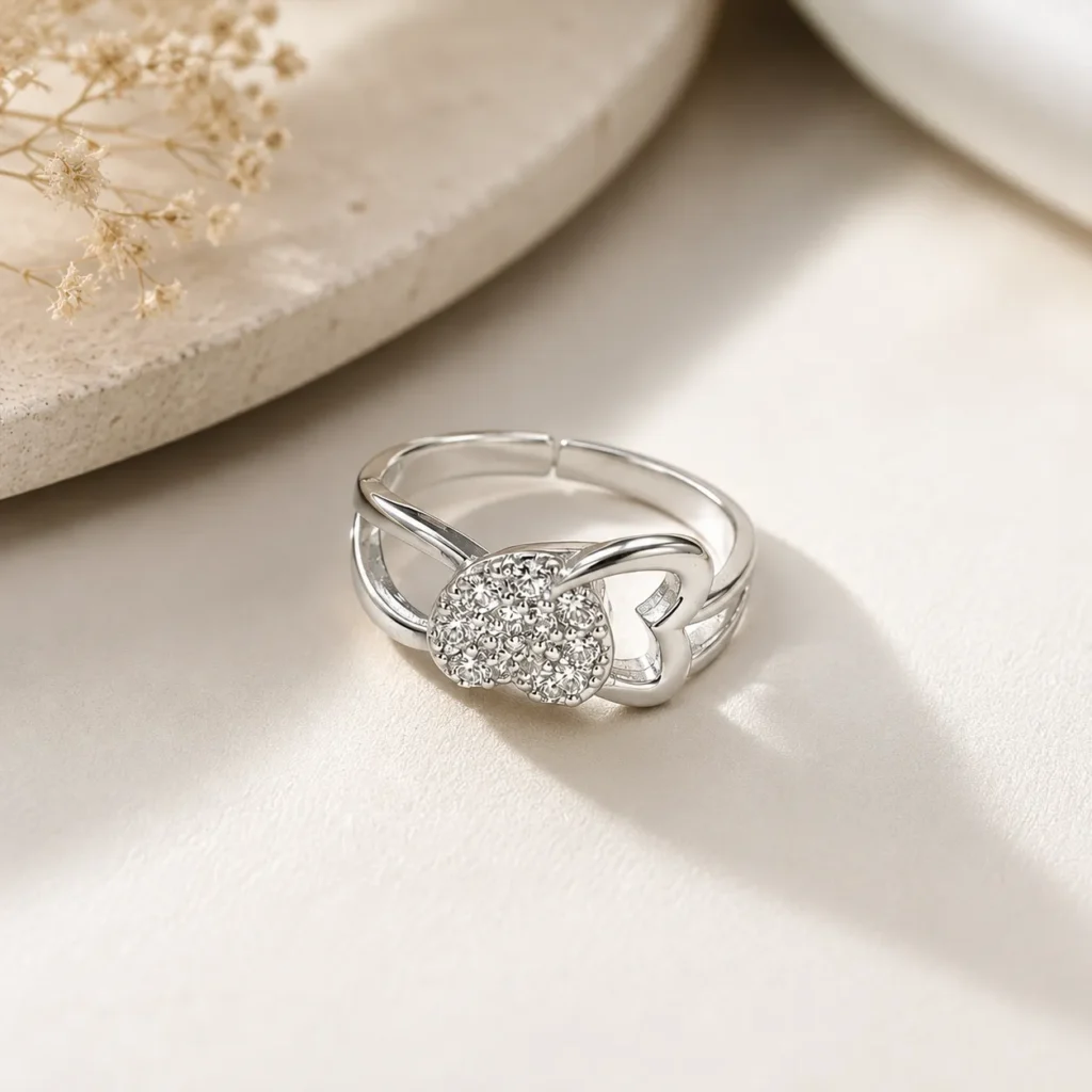 Silver-Tone Double Heart Cubic Zirconia Ring