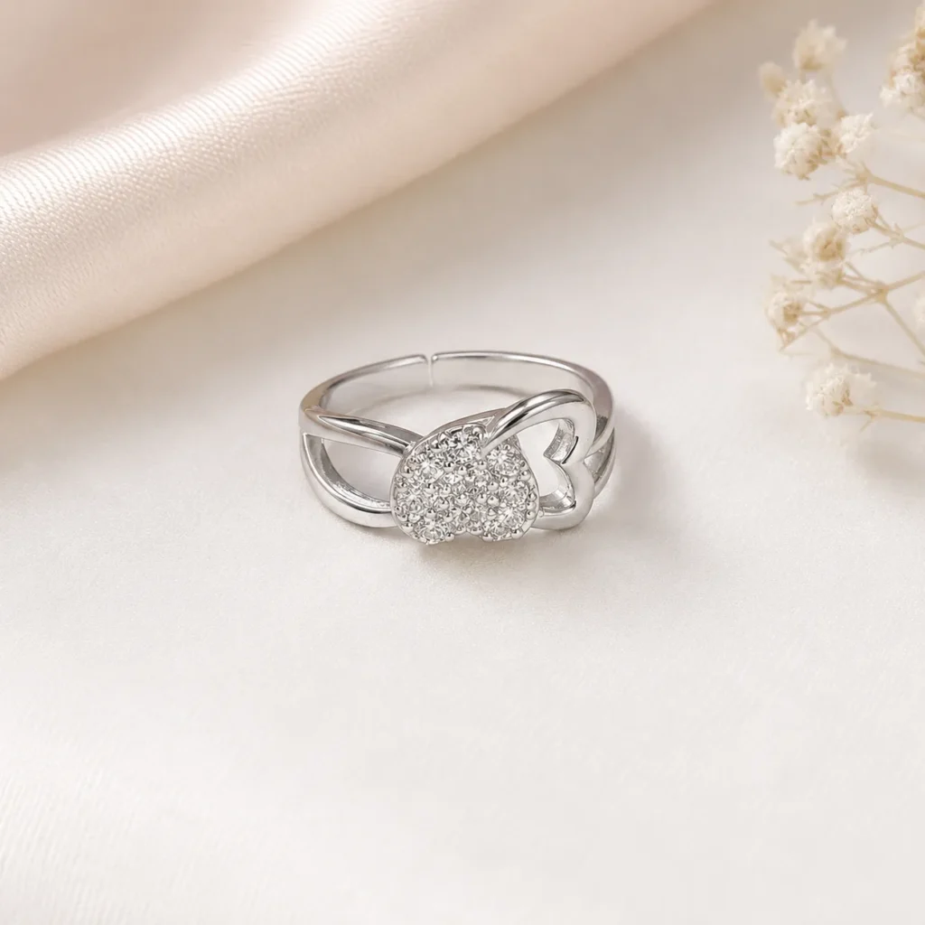 Silver-Tone Double Heart Cubic Zirconia Ring