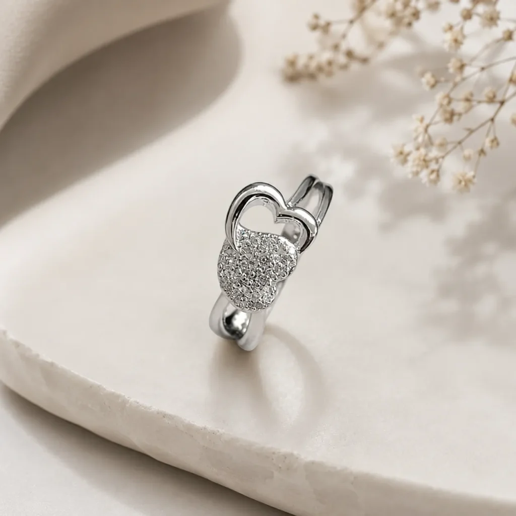 Silver-Tone Double Heart Cubic Zirconia Ring