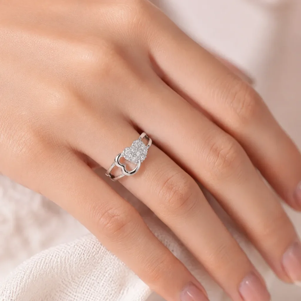 Silver-Tone Double Heart Cubic Zirconia Ring