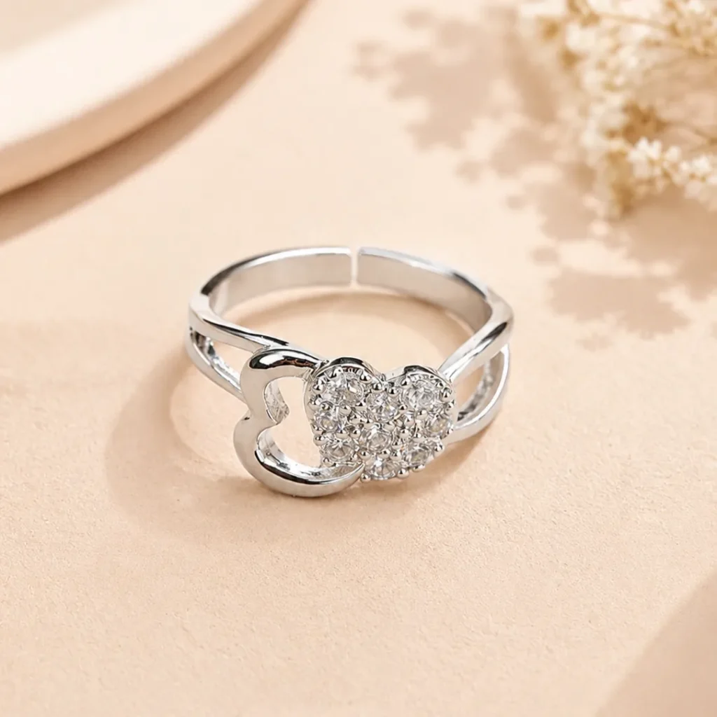 Silver-Tone Double Heart Cubic Zirconia Ring
