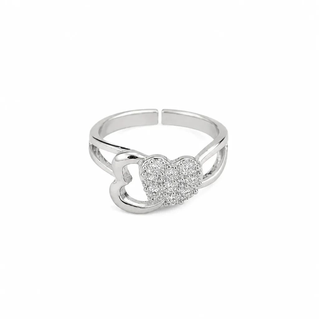 Silver-Tone Double Heart Cubic Zirconia Ring