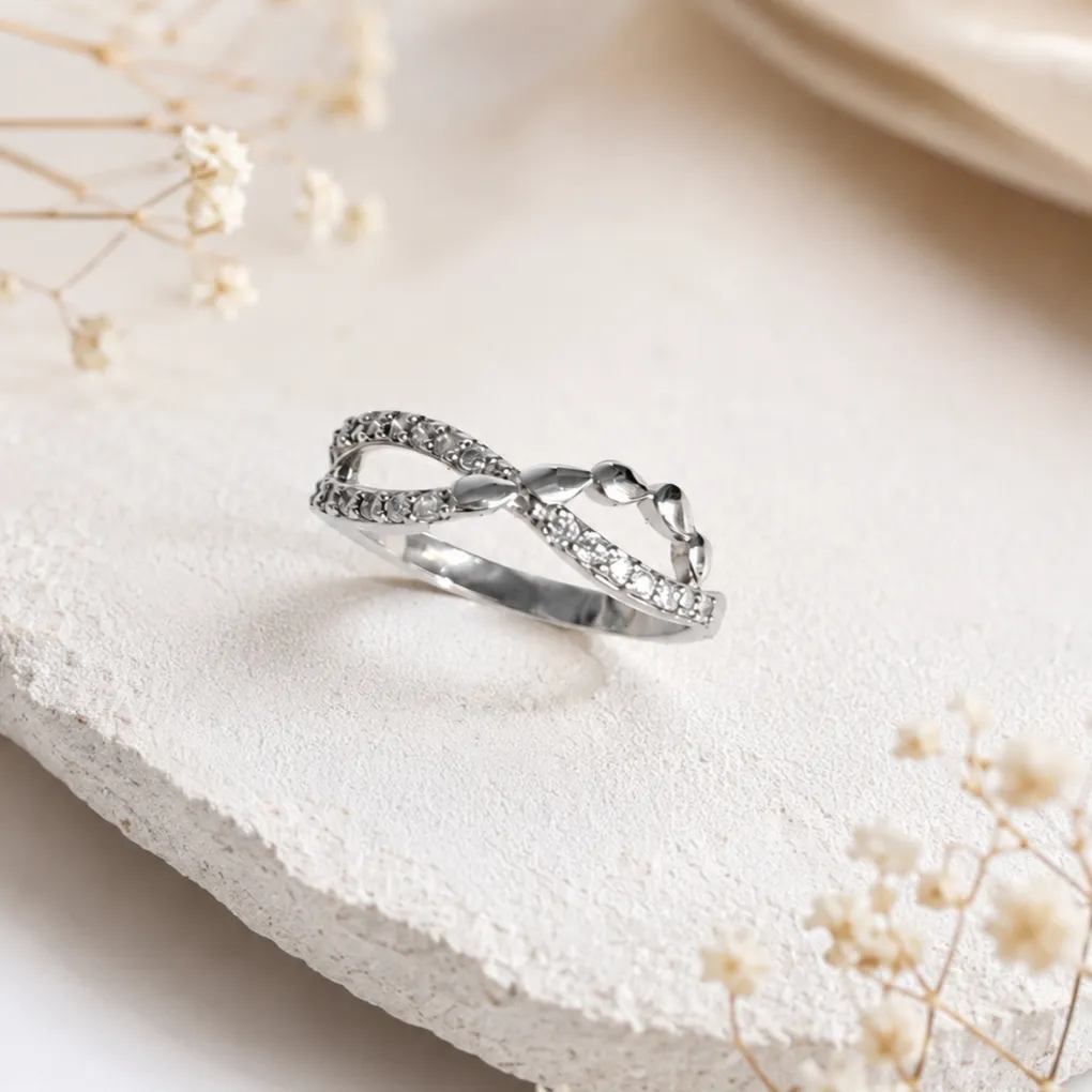 Silver-Tone Leaf Vine Cubic Zirconia Ring