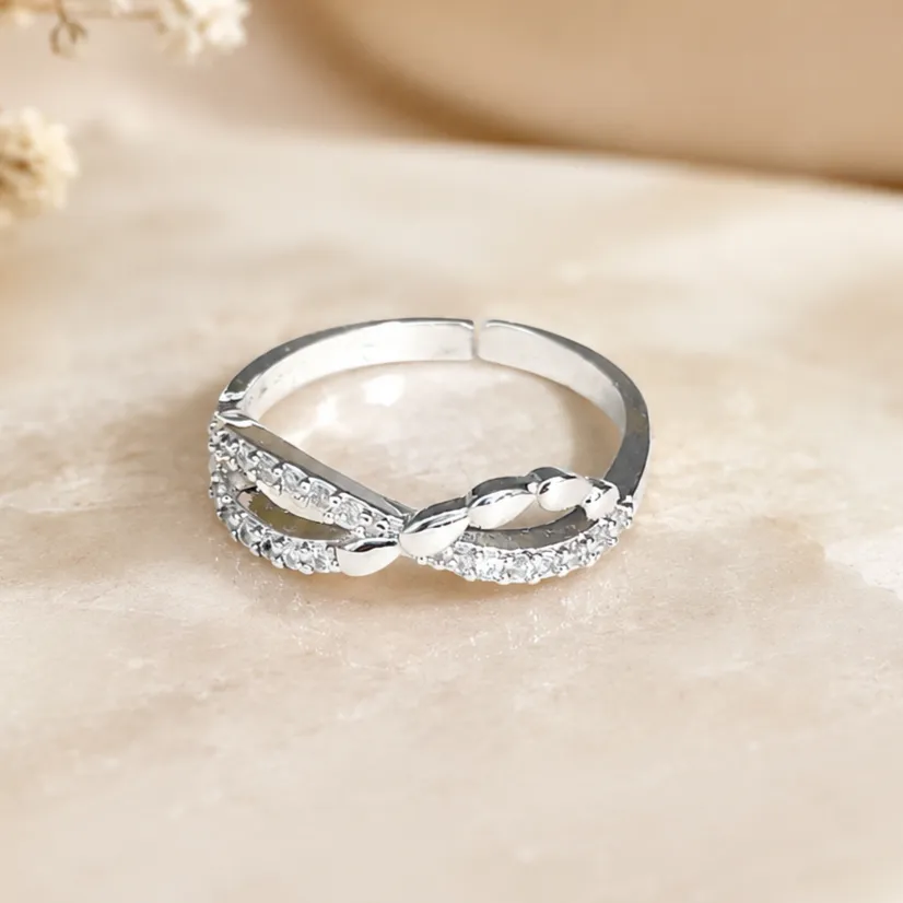 Silver-Tone Leaf Vine Cubic Zirconia Ring
