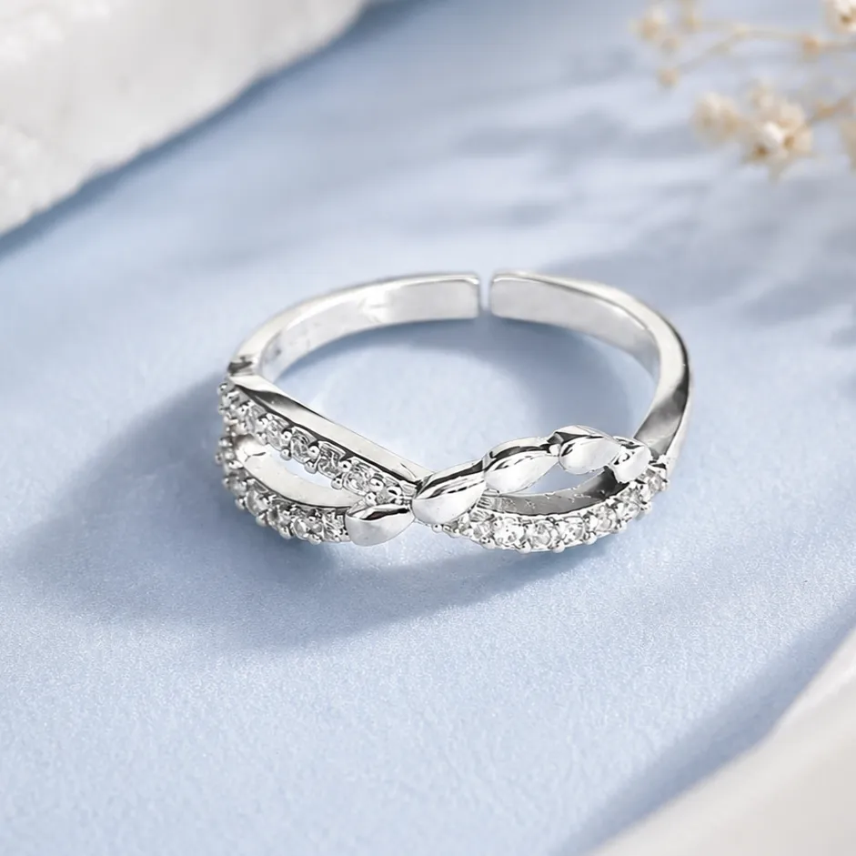 Silver-Tone Leaf Vine Cubic Zirconia Ring