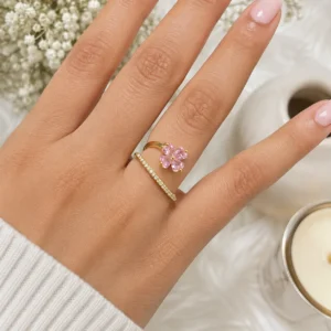 Home Gold-Tone Light Pink Flower Cubic Zirconia Ring