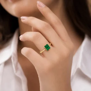 Gold-Tone Rectangular Emerald Green CZ Ring
