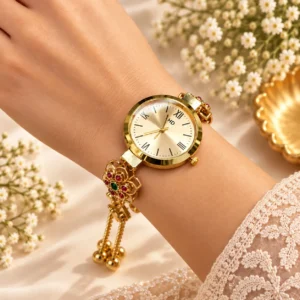 Gold-Plated Floral Bracelet Watch